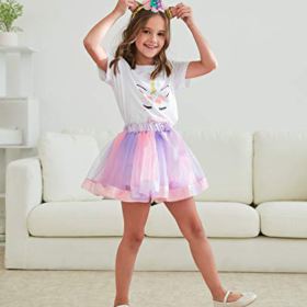 Girls Layered Tutu Skirt with Unicorn Tshirt Headband Purple 3 4 Years 0 0