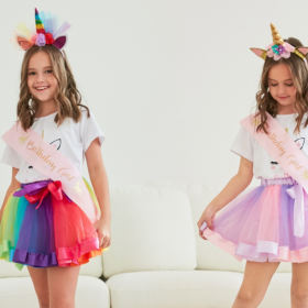 Girls Layered Tutu Skirt with Unicorn Tshirt Headband Purple 3 4 Years 0 1