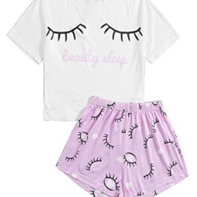 DIDK Womens Cute Cartoon Print Tee and Shorts Pajama Set 0 0