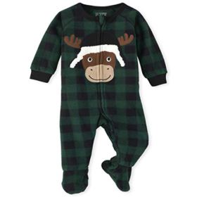 The Youngsters’s Place Boys’ Unisex Child and Toddler Matching Household Moose Buffalo Plaid Fleece One Piece Pajamas