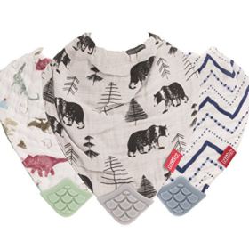 Nuby Reversible 100 Natural Cotton Muslin 3 Piece Teething Bib GreenGreyBlue DinosaurBearStripes 0