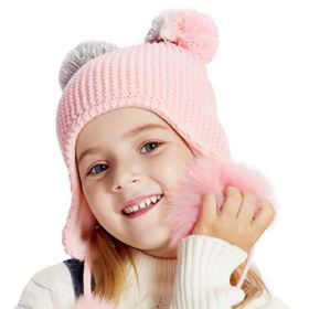 ENJOYFUR Toddler Girls Boys Winter HatBaby Warm Knit Beanie Hats for Girls BoysKids Ear Flaps Fur Pom Pom Beanie 0 1